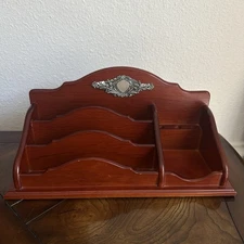Vintage 14" Wooden Mail Letter Organizer Pencil Holder Ornate Metal Accent