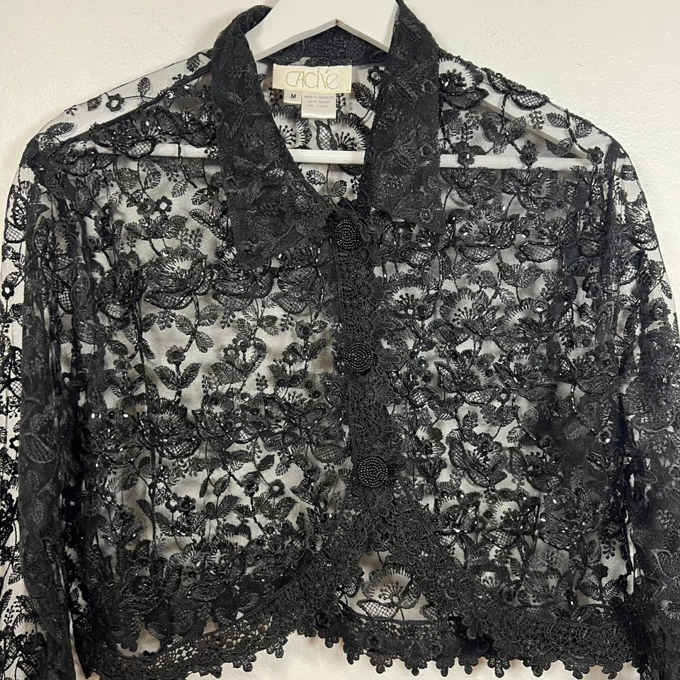 VTG Cachet Chaqueta corta de encaje negro Talla M Lentejuelas con cuentas de hada caprichosa gótica Foto 2 de 4