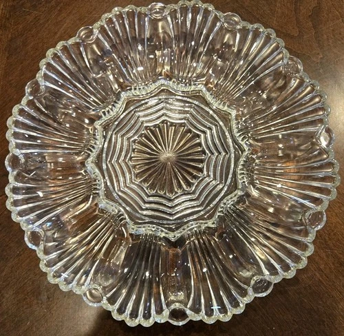 Vintage Anchor Hocking Heavy Clear Glass 10” Deviled Egg Plate Dish Tray Ribbed