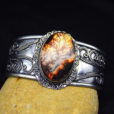 925 Sterling Silver Fire Dendrite Agate Gemstone Cuff Bracelet Jewelry ADJ 8"