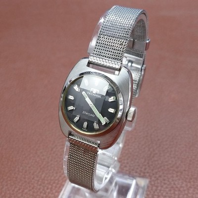 TECHNOS Watch 9 Face Glass 70s Ladies Matte Dial Mesh Band Luminous Vintage JPN