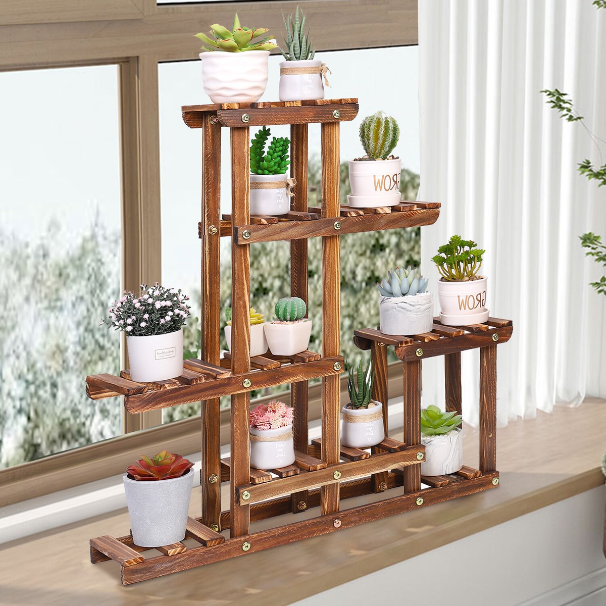 Succulent Plant Stand Indoor Pine Wood Window Shelf 5 Tiered