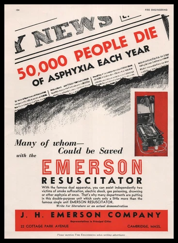 1945 J. H. Emerson Resuscitator 50,000 People Die Of Asphyxia Each Year Print Ad