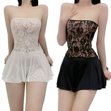 Womens See-through Lace Dress Sleepwear Strapless Ruffle Dresses with G-string