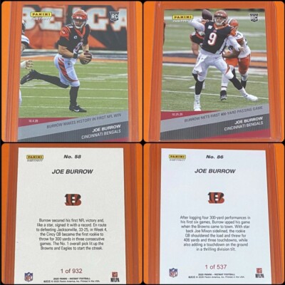 (2) 2020 Panini Instant Joe Burrow ROOKIE CARDS SP Cincinnati Bengals #58 #86 RC
