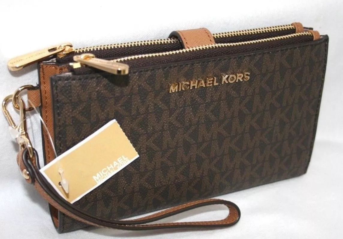 Michael Kors Jet Set Double Zip Phone Wristlet Brown Signature MK