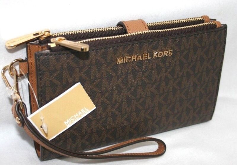 New Michael Kors MK Signature Double Zip Phone Case Wallet Wristlet Brown