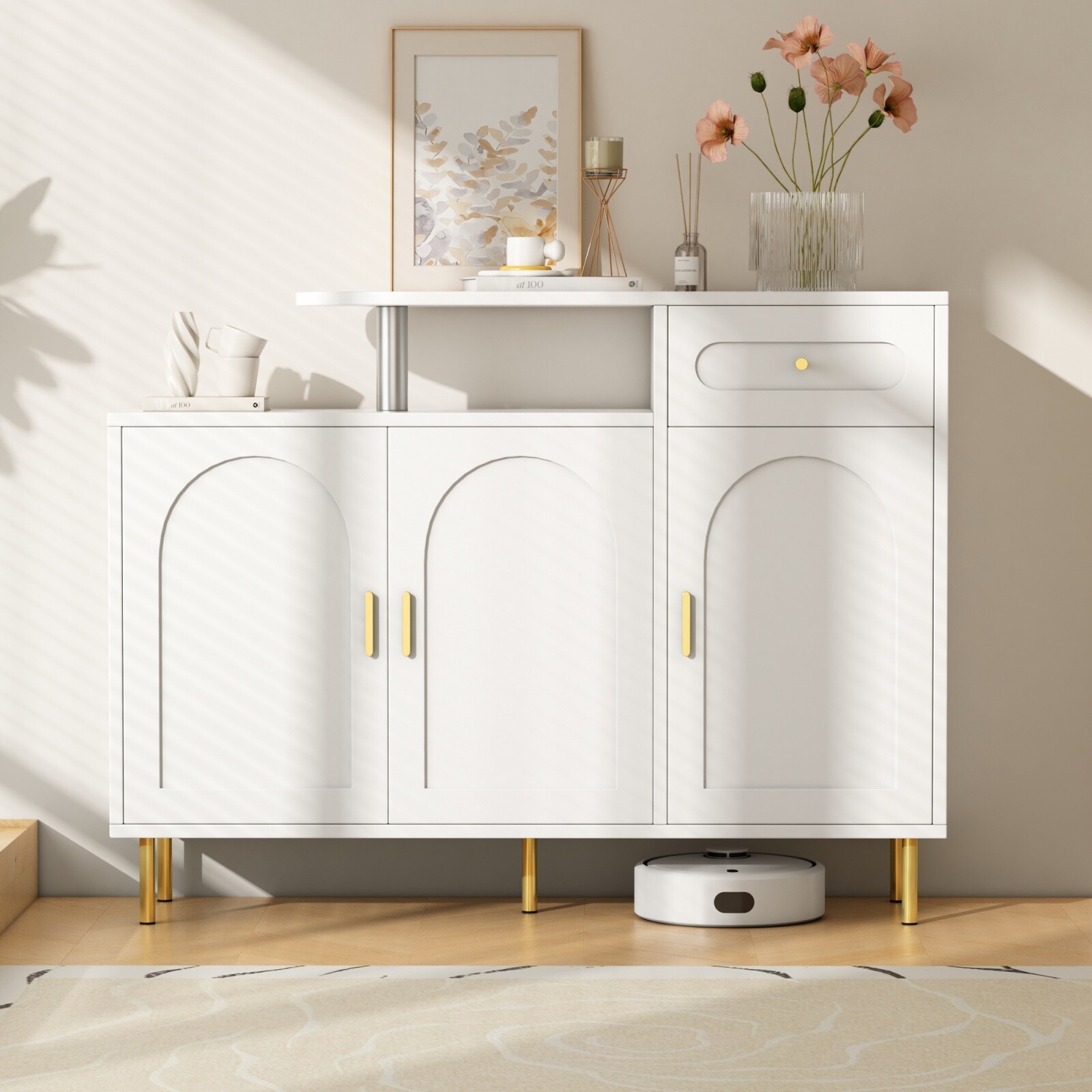 Kommode Sideboard Schuhschrank mit Golden Metallgriffen, 1 Schublade und 3 Türen