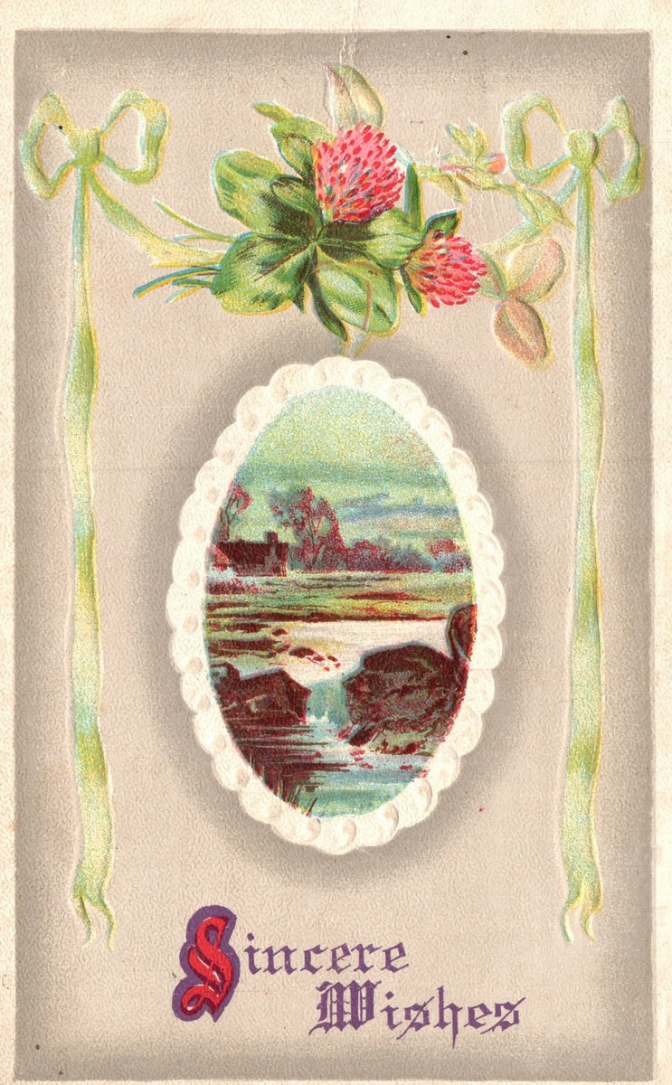 Vintage Postcard 1913 Sincere Wishes Green Ribbon Flower