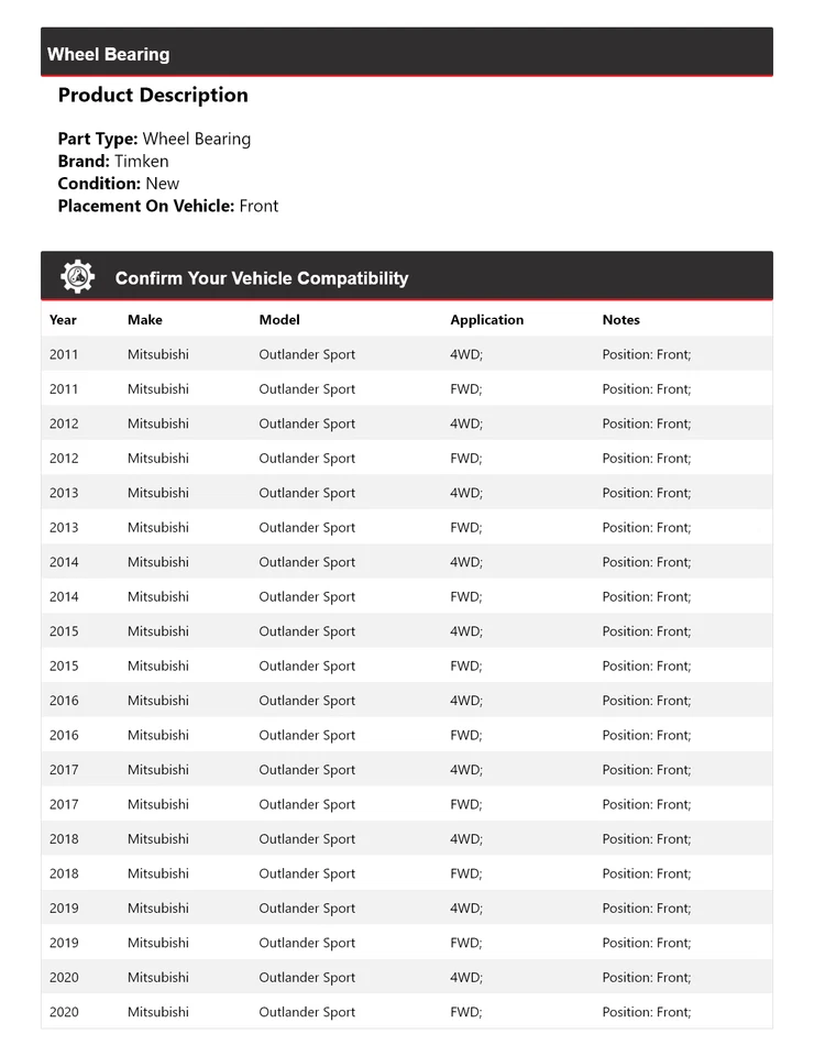 Cojinete de rueda delantero Timken 2012 2013 para Mitsubishi Outlander Sport 2011-2020 Foto 2 de 4