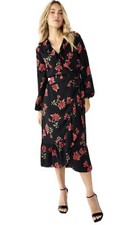 Draper James Black Floral Long Sleeve Ruffle Midi Wrap Dress Womens XS NWT $78