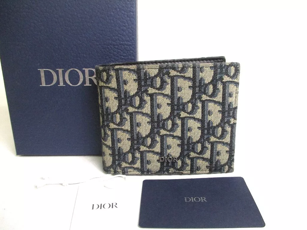 Auth Christian Dior Navy Blue Canvas Leather Lady Dior Bifold Bill Wallet #a473