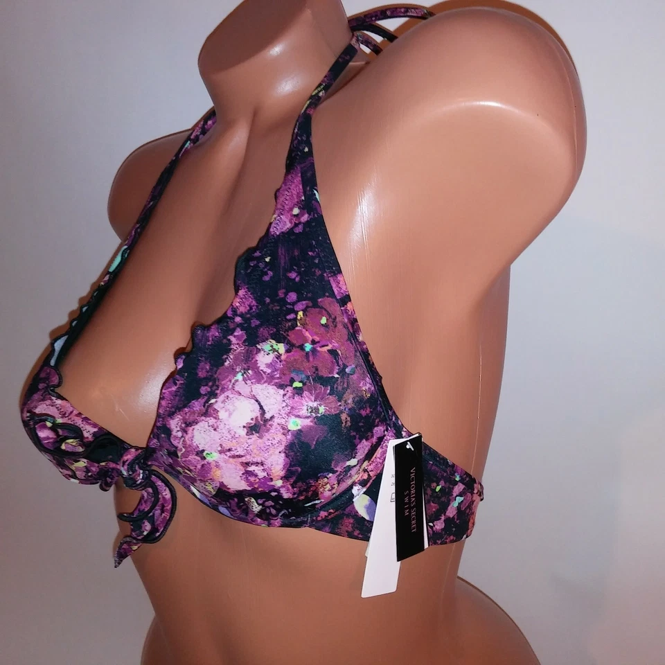 Top de bikini de natación Victoria Secret 32A negro rosa borgoña con volantes nuevo Foto 4 de 4