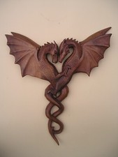 WANDSCHMUCK 2 DRACHEN, HOLZ WANDBILD CELTIC DRACHE, HANDGESCHNITZT, MITTELALTER