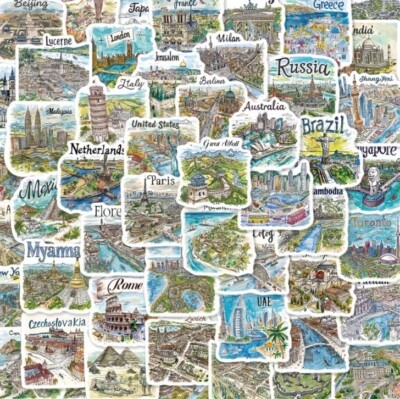 10pcs Hand Drawn Travel Map Stickers- Scrapbook, Journal, DIY Crafts & Cards