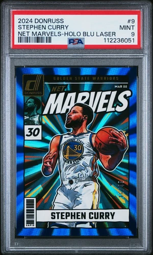 2024-25 Donruss Stephen Curry #9 Net Marvels Holo Blue Laser /49 PSA 9 SZS