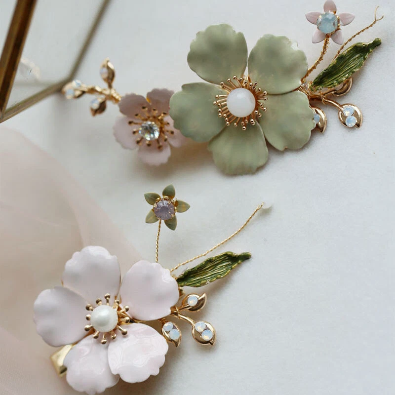 Bridal Wedding Crystal Pink Green Flower Leaf Hair Clip Headpiece Accessories - Image 4 of 4