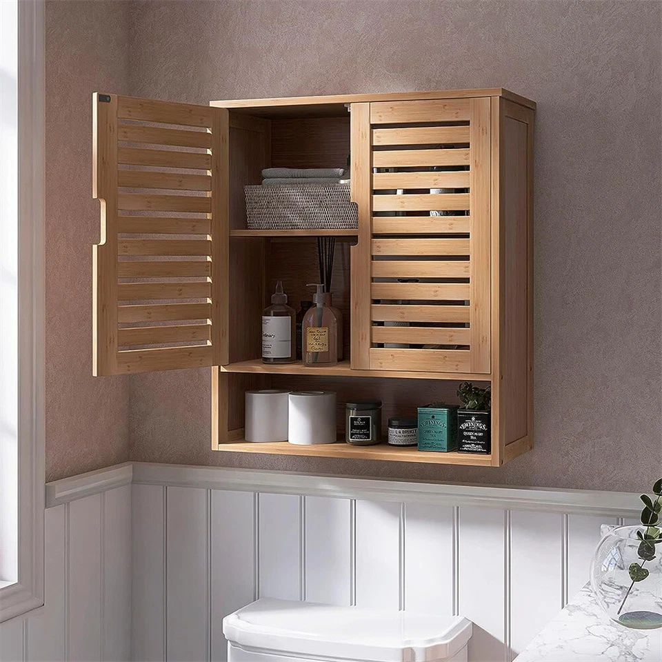 Bamboo Wall Cabinet Medicine Cabinet Storage Organizer Double Doors 3 Tier Shelf - Image 2 of 4