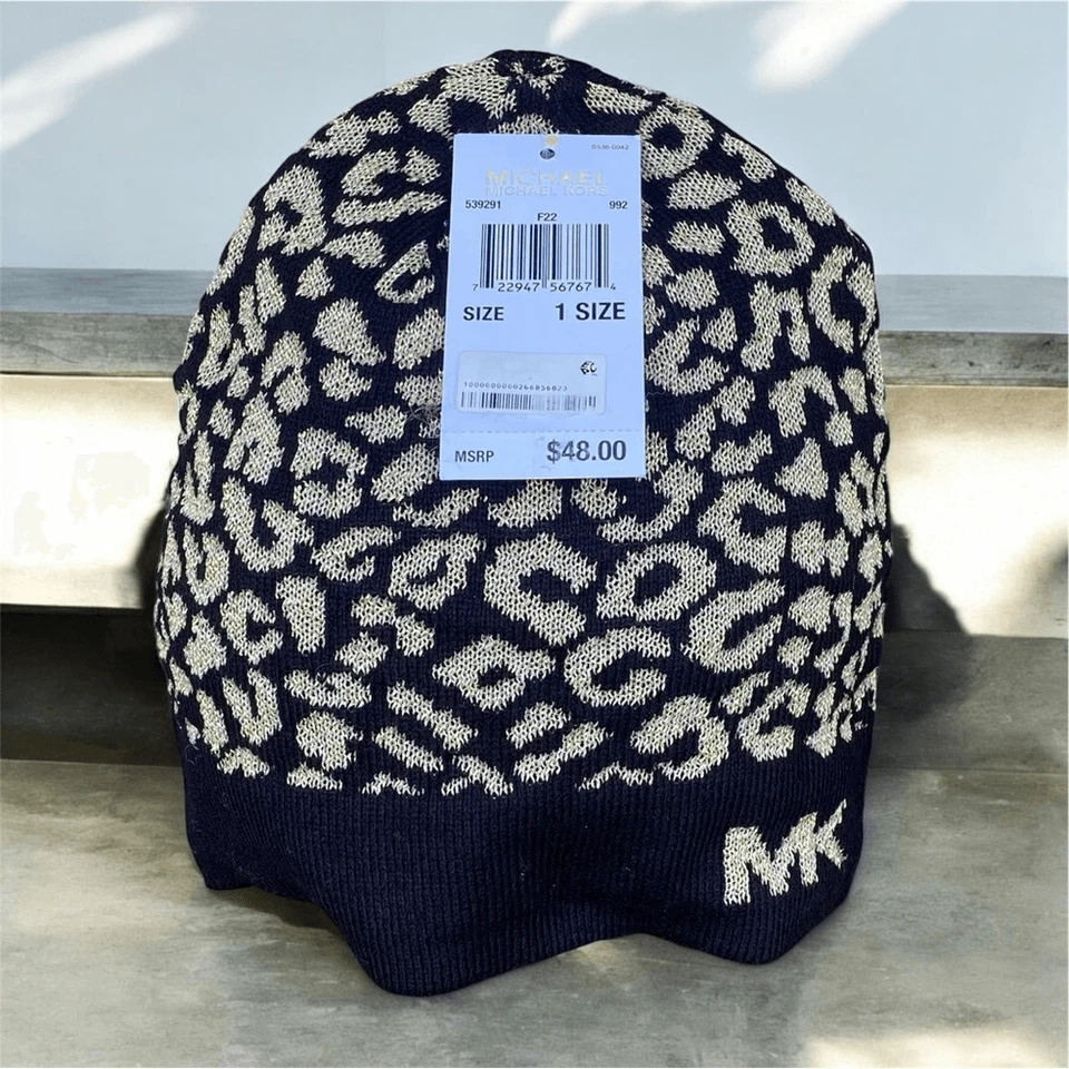 Nuevo con etiquetas Nuevo Michael Kors Negro y Dorado Metálico Estampado Leopardo Logo Sombrero/Gorro OS Foto 2 de 4