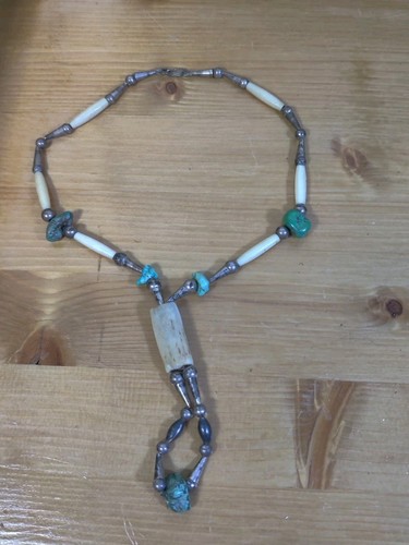 Vtg Native American Navajo Turquoise Nugget Bone Necklace Sterling Horsehair? - Picture 8 of 10