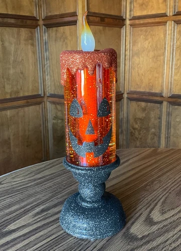 13" ORANGE Halloween Glitter Candle with Pedestal by Valerie - New & FREE SHIP - product listing photo