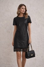 Dolce & Gabbana Black Leather Lace-Hem Shift Dress – Made in Italy Women's Small