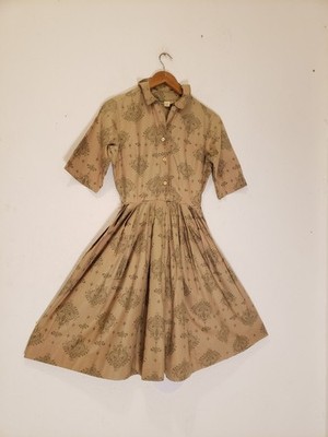 Vtg 50's Olive Green Cotton Printed Shirtwaist Dress Pleated XS / S Union  Made | eBay