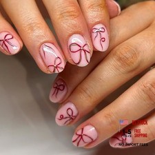 Press on Nails Short Oval Pink Fake Nails False Nails with Designs Cute Red