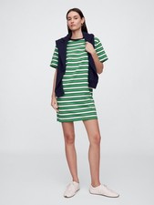 New Gap Women Relaxed T-shirt Dress Sz S Green Striped Short Sleeve Crew Neck