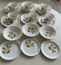 Vintage SALEM Floral Yellow Rose Dishes 24 Pieces Plates 6” & 7.25”, Bowls Cup