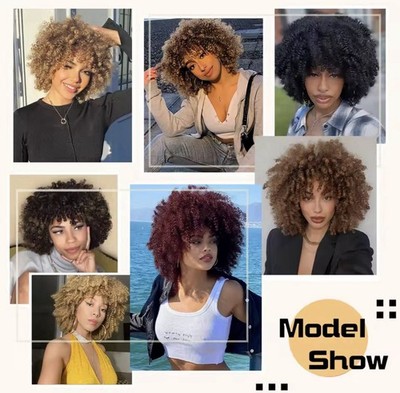Synthetic Afro Short Kinky Curly Wigs with Bangs 12 Inches for Black Women