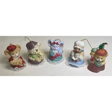 JASCO CARING CRITTER CHIMERS (5) Bisque Porcelain Bell Handpainted Ornament VTG