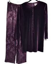 Vintage 2 Pce sz 10 Dark Purple Velvet Tunic Top Floral Satin Pants Whimsigoth