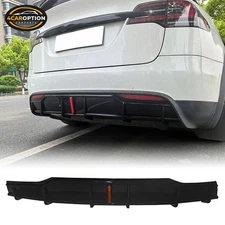 Rear Bumper Lip Diffuser Fits 22-25 Tesla Model X IKON Style W/LED Gloss Black