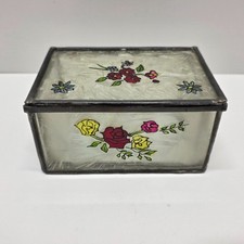 Vintage Frosted Glass Trinket Box With Flowers Rectangular Leaded Stained Glass