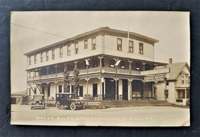 1925 antique MOOSE RIVER HOUSE jackman station me RPPC photo cars sign id'd
