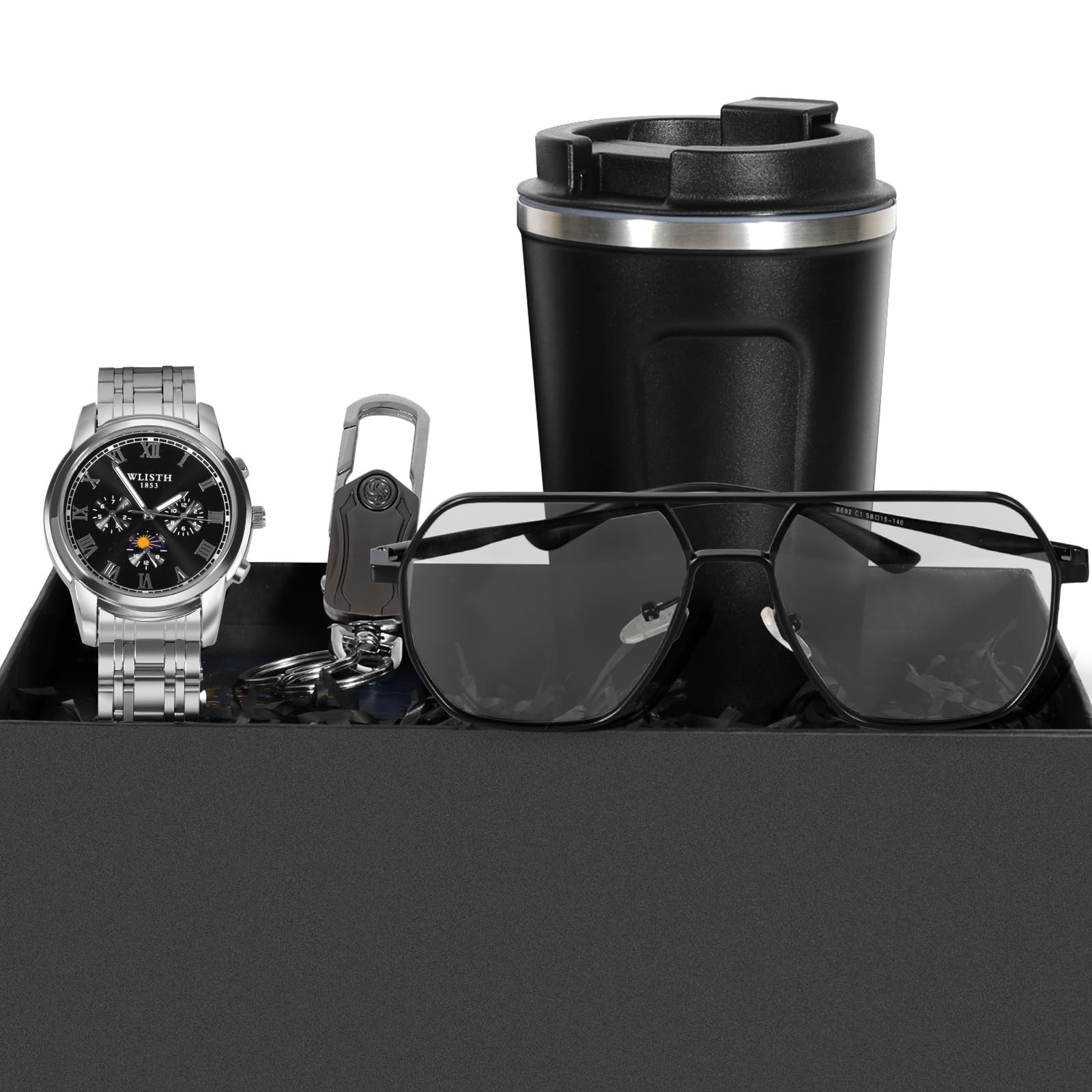 Coffret cadeau homme avec montre élégante lunettes de soleil marron et porte-clés