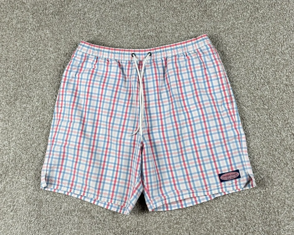 Vineyard Vines Badehose Herren Large rosa blau kariert Linie Shorts Kordelzug