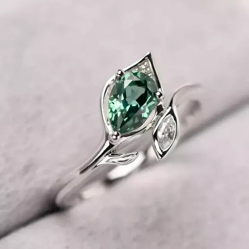 2CT Pear Cut Lab-Created Green Emerald Engagement Ring 14K White Gold Plated
