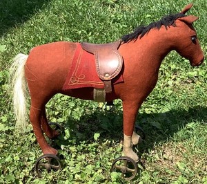 RARE EARLY Large Antique Vintage Steiff Felt Horse On Wheels Pull Toy SWEET 14”