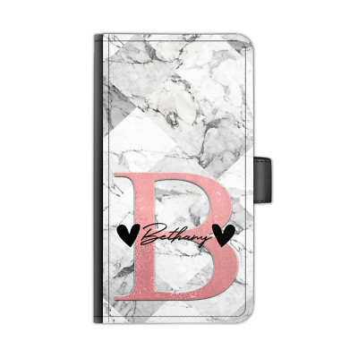 Personalised Initial PU Leather Phone Case Black Hearts Grey Marble Flip Cover