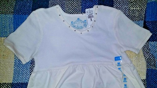 New Girls Children's Place Top Shirt Short Sleeve Ivory Size 5/6 or 7/8 - Picture 2 of 3