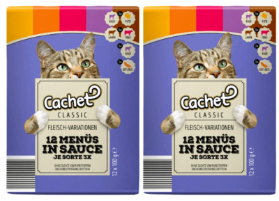 24x 100g Cachet Katzennahrung Menü Multipack KALB  PUTE LAMM RIND GEFLÜGEL SAUCE