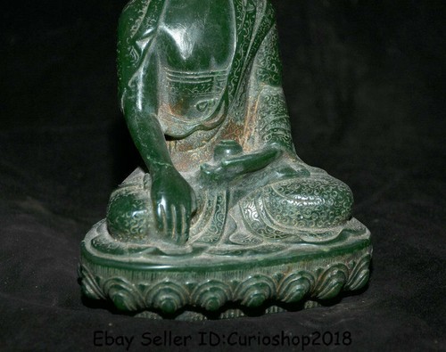 8" Old Natural Green Jade Carving Tibet Shakyamuni Amitabha Buddha Robe Statue - Picture 9 of 10