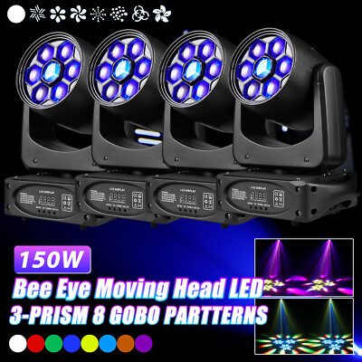 4stk 150W 8Gobo 3Prisma LED Disco DMX Bühnenlicht Beam Moving Head RGBW Strahler