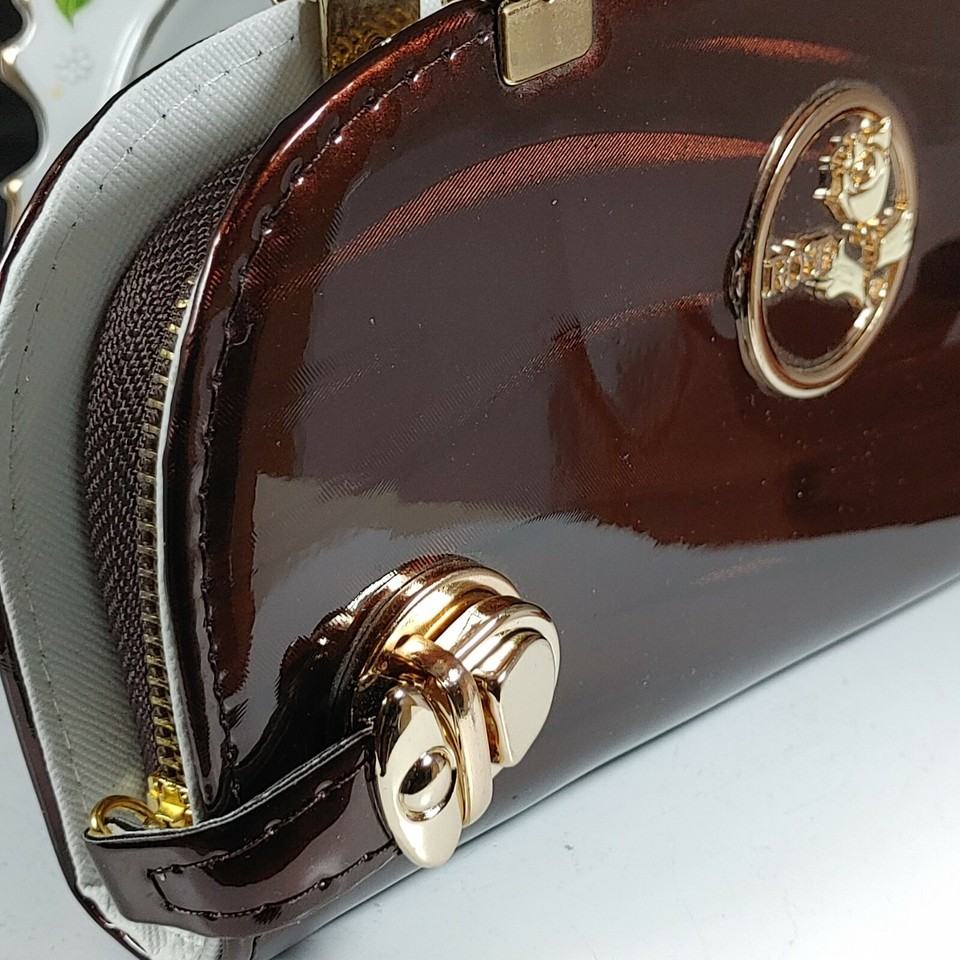 Copper Brown Designer Wallet Purse with Gold Metal Handles Rose Emblem