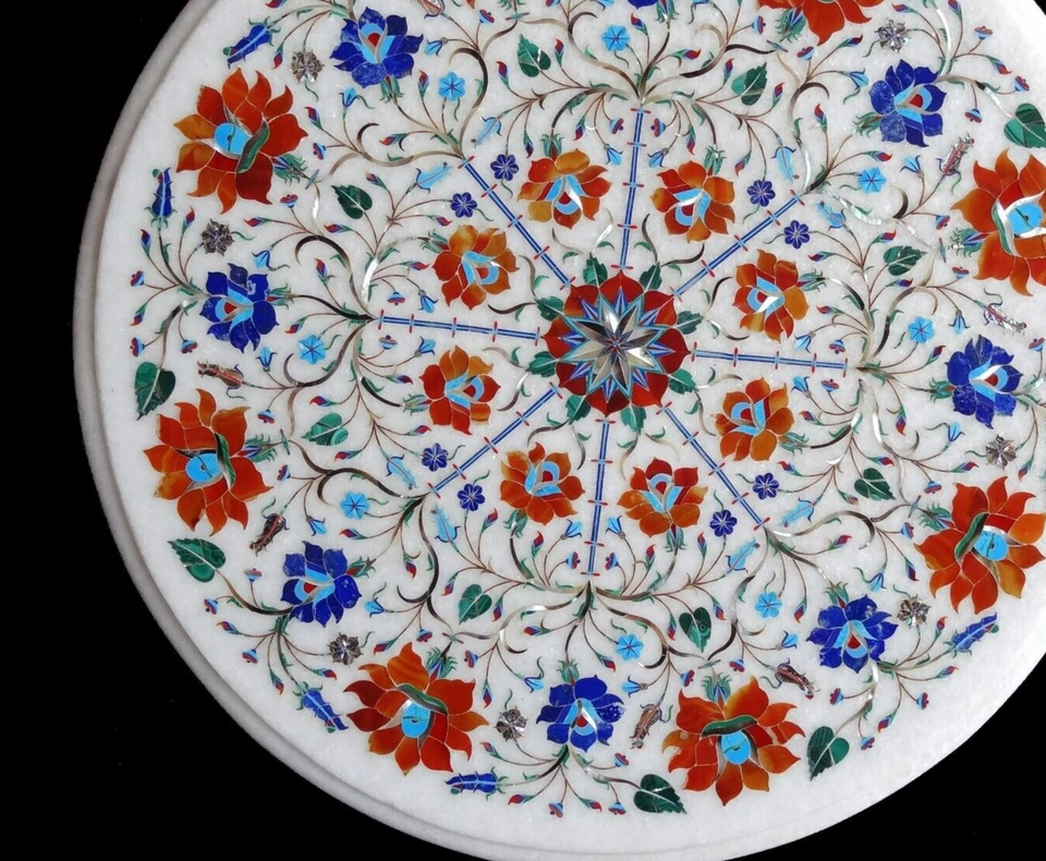 24" White Marble Coffee Table Set Lapis & Carnelian Floral Inlay Art Gift Decors - Image 3 of 4