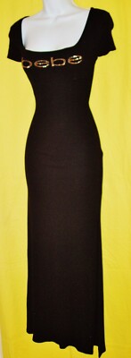 BEBE WOMEN'S GOLD RHINESTONE LOGO PULL-OVER BLACK MAXI DRESS STRETCHY SIZE  S NWT | eBay