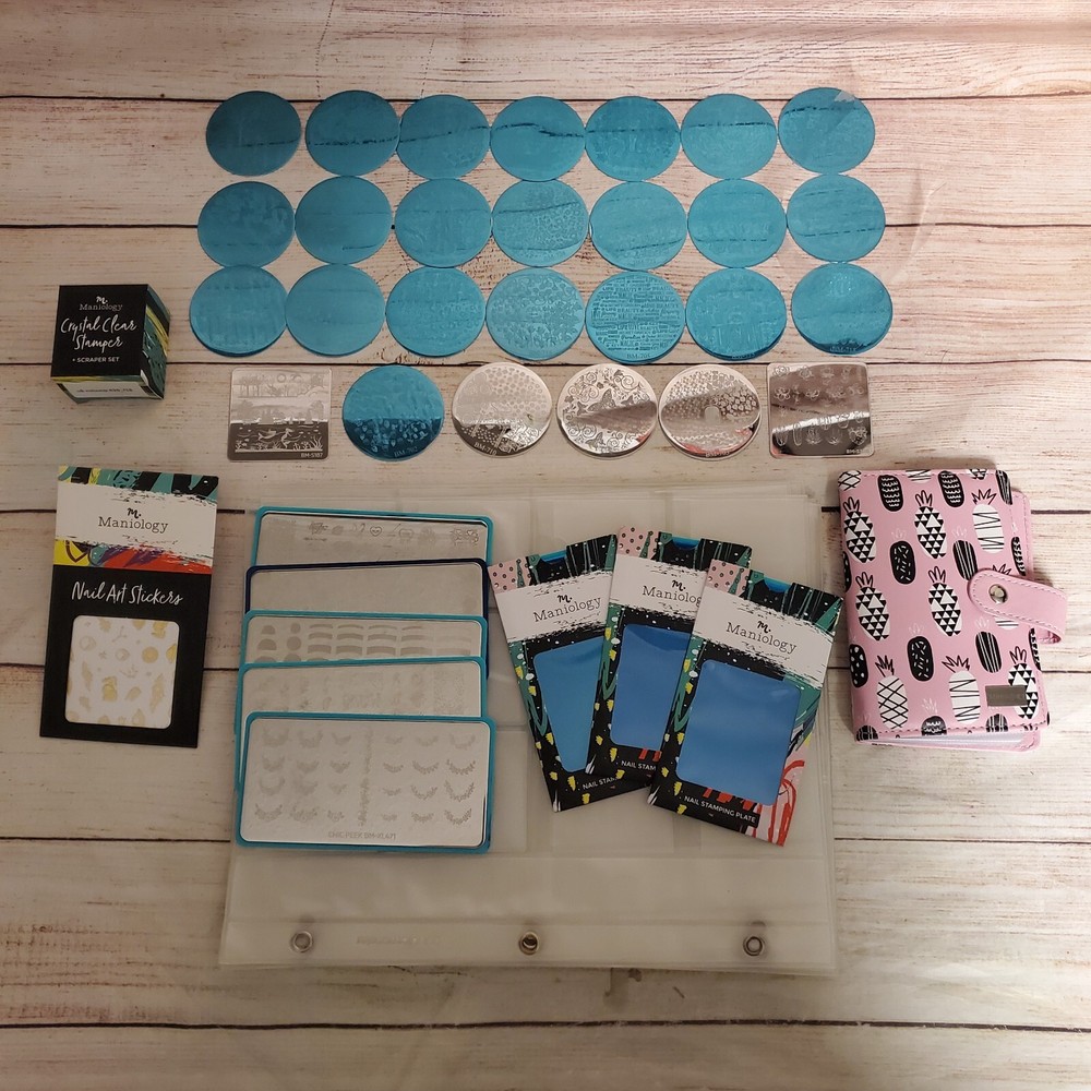 Lot of Maniology 35 Nail Stamping Plates Stickers Stamper Organizer Sleeves