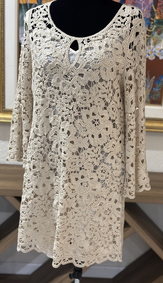 BCBG MaxAzria Ivory Crochet Long Sleeve Dress US M 10 Knee Length